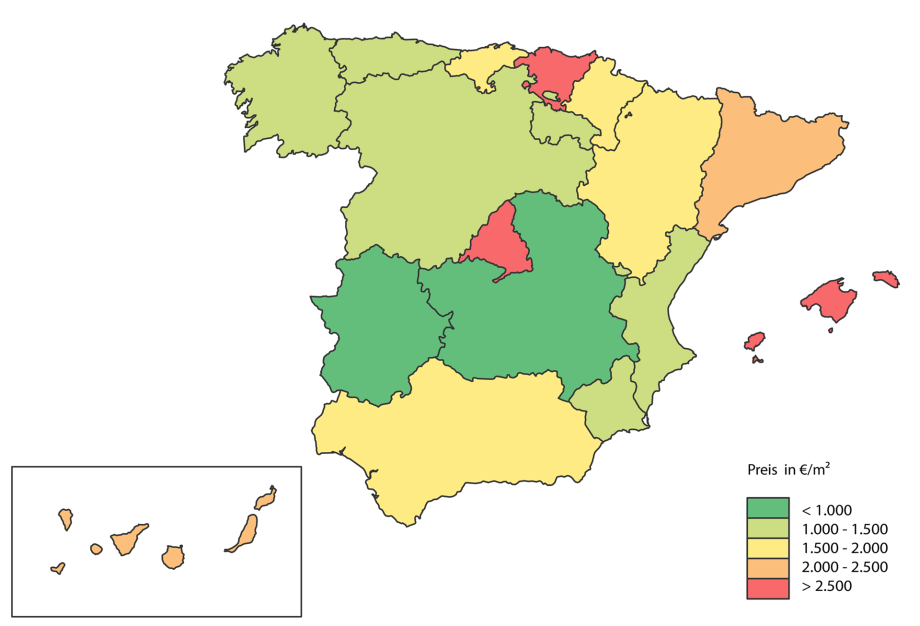 Durchschnittliche Preise pro m² in den autonomen Regionen in Spanien 2022