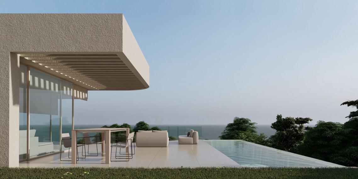 Terrasse mit Pool und Meerblick aus der Villa 16