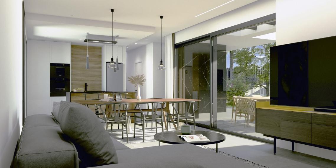 Wohnbereich mit Küche und Blick zur Terrasse